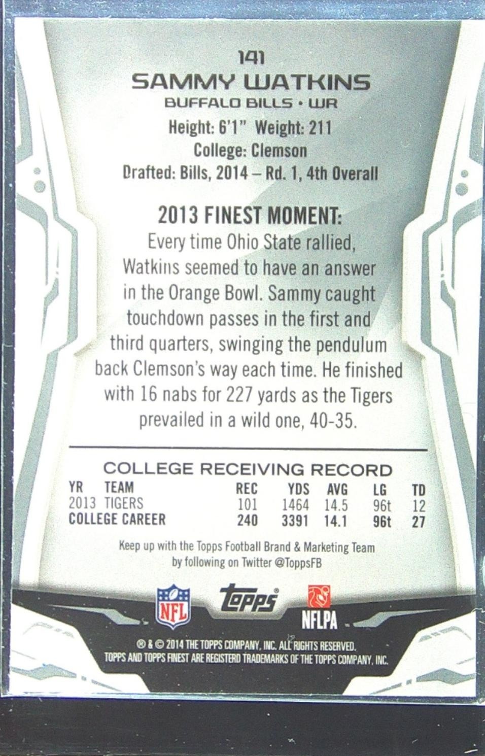 2014 Finest Sammy Watkins RC #141 Bills - Image 3