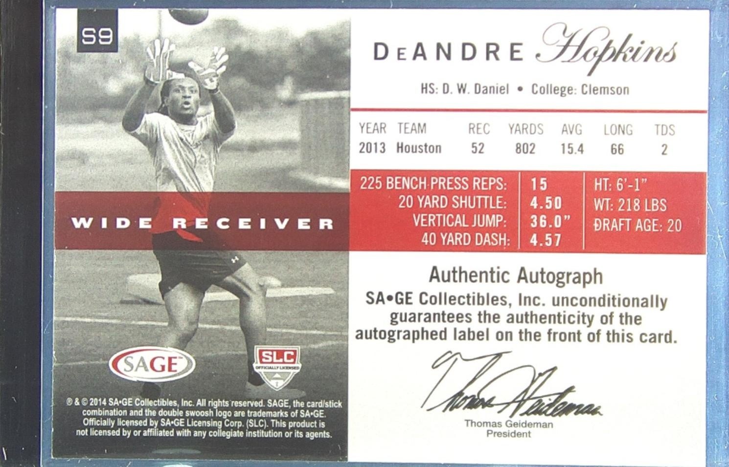 2014 Sage Autographed DeAndre Hopkins Auto /25 #S9 Tigers Sophomore Gold - Image 3