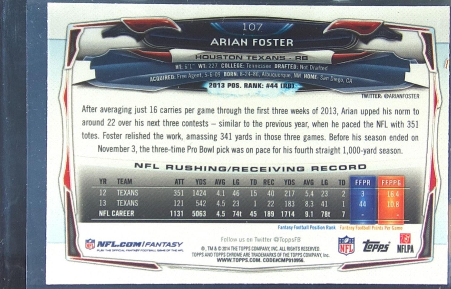 2014 Topps Chrome Arian Foster Blue Wave Refractor #107 Texans - Image 3