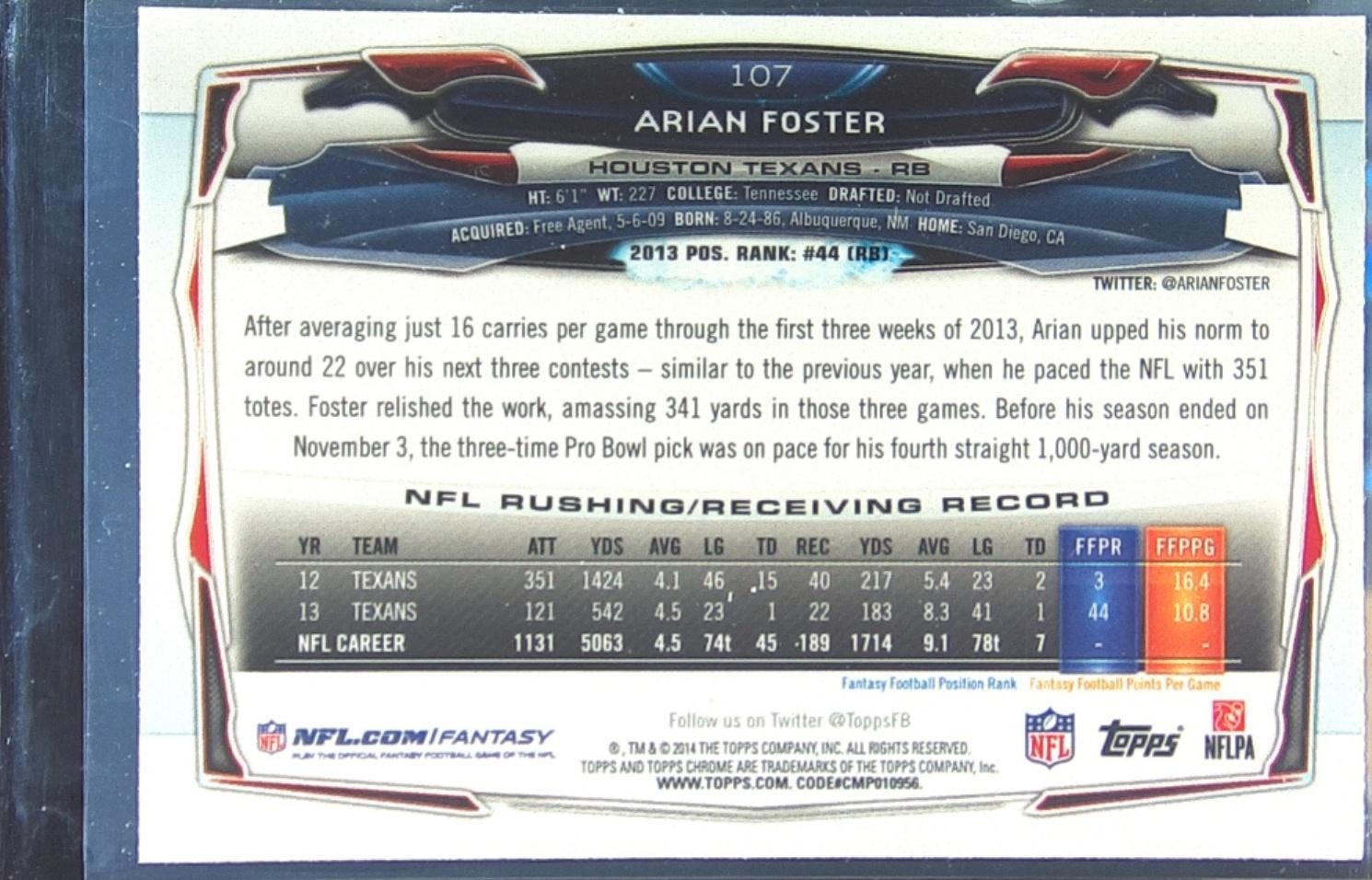 2014 Topps Chrome Arian Foster Refractor #107 Texans - Image 3