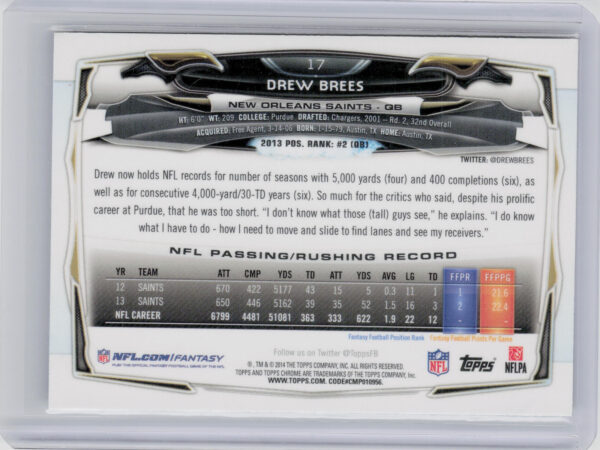 2014 Topps Chrome Drew Brees Green Refractor #17 Saints - Image 3