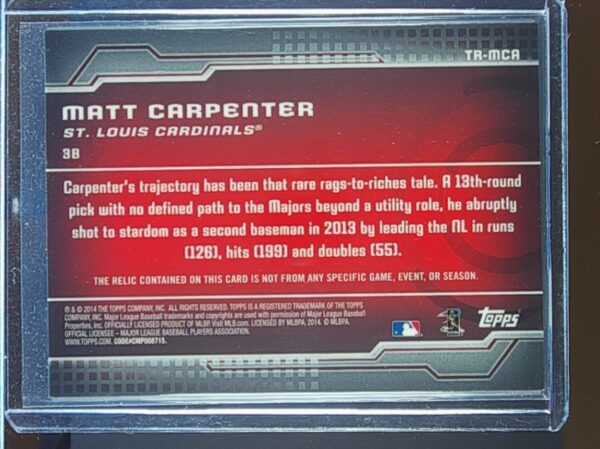 2014 Topps Matt Carpenter JSY #TR-MCA Cardinals Trajectory Relics - Image 3
