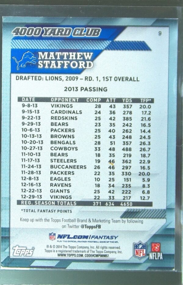 2014 Topps Matthew Stafford #9 Lions 4000 Yard Club - Image 3