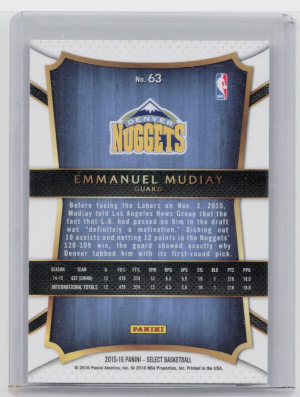 2015-16 Panini Select Emmanuel Mudiay #63 Nuggets - Image 3