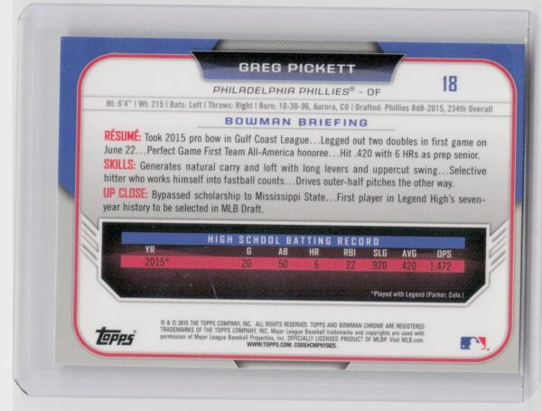 2015 Bowman Draft Greg Pickett Chrome Refractors #18 Phillies - Image 3