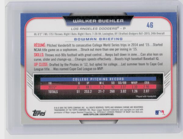 2015 Bowman Draft Walker Buehler Chrome #46 Dodgers - Image 3