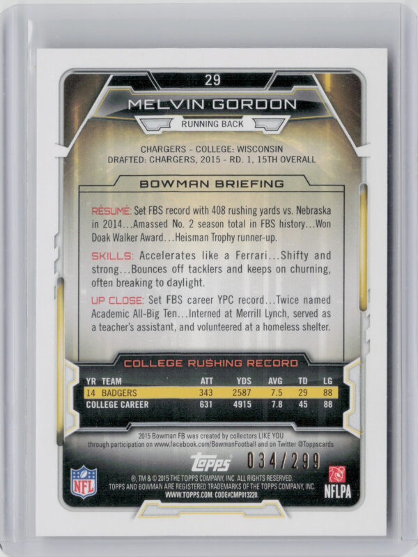2015 Bowman Melvin Gordon Rookies Orange SN299 #29 Chargers - Image 3