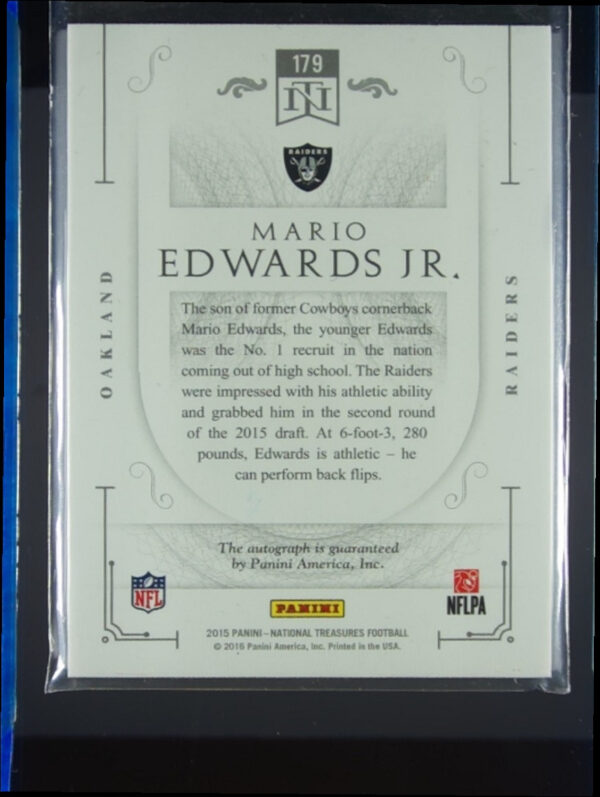 2015 Panini National Treasures Mario Edwards Jr. AU SN99 #179 Raiders Rookie Sig - Image 3