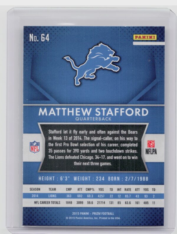 2015 Panini Prizm Matthew Stafford #64 Lions - Image 3
