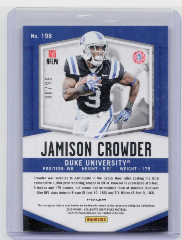 2015 Prizm Collegiate Draft Picks Jamison Crowder Prizms Purple /99 #198 Devils - Image 3