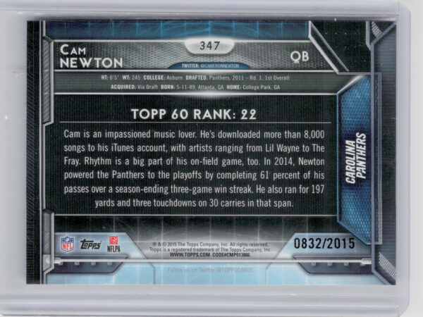 2015 Topps Cam Newton Gold SN2015 #347 Panthers - Image 3
