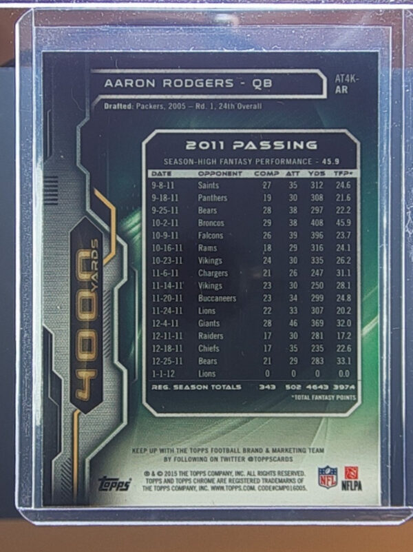 2015 Topps Chrome Aaron Rodgers #AT4K-AR Packers All Time 4000 Yard Club - Image 3