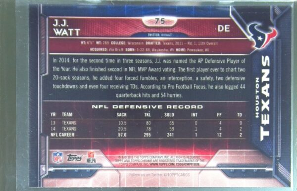 2015 Topps Chrome J.J. Watt Refractor #75 Texans - Image 3