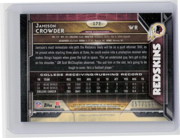 2015 Topps Chrome Jamison Crowder Blue Refractor /199 #172 Redskins - Image 3