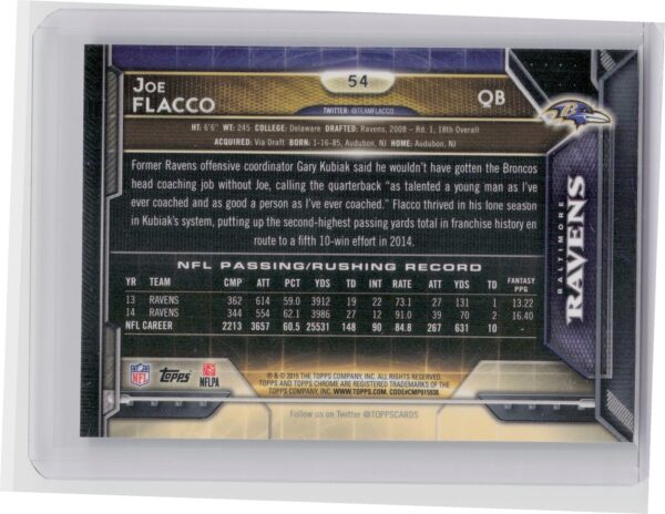 2015 Topps Chrome Joe Flacco Green Refractor #54 Ravens - Image 3