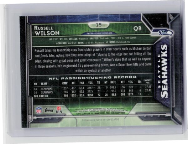 2015 Topps Chrome Russell Wilson Refractor #15 Seahawks - Image 3