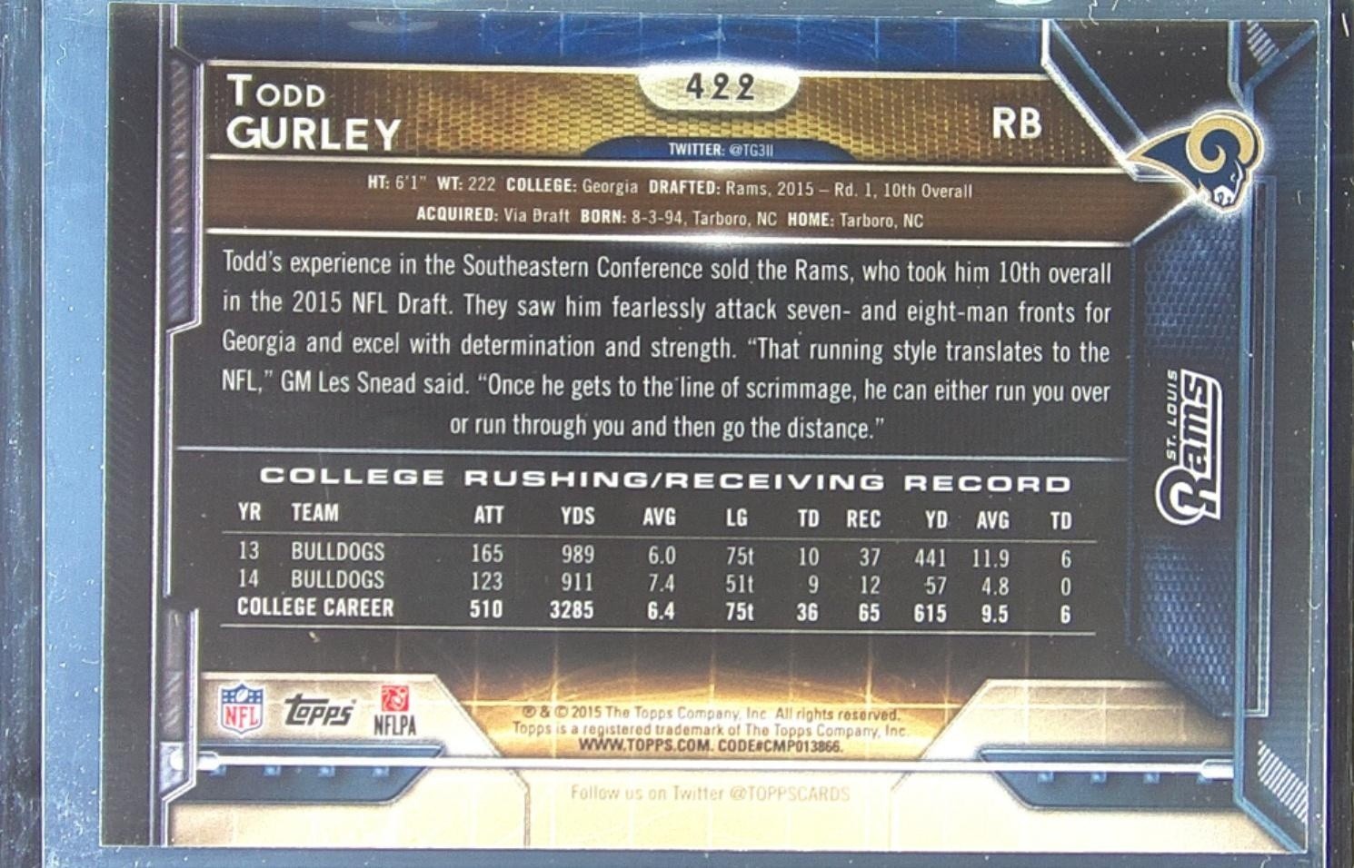 2015 Topps Todd Gurley RC #422 Rams - Image 3