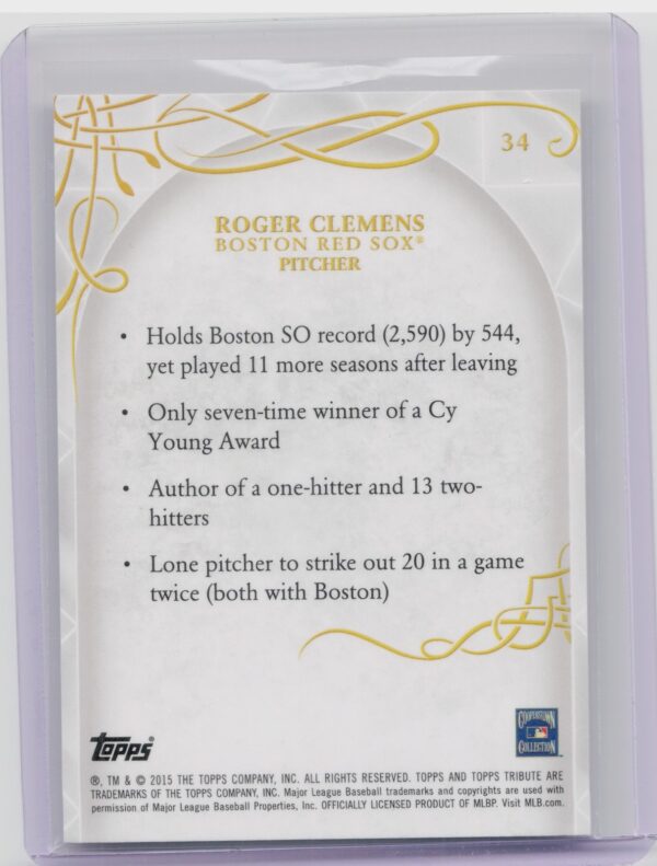 2015 Topps Tribute Roger Clemens #34 Sox - Image 3