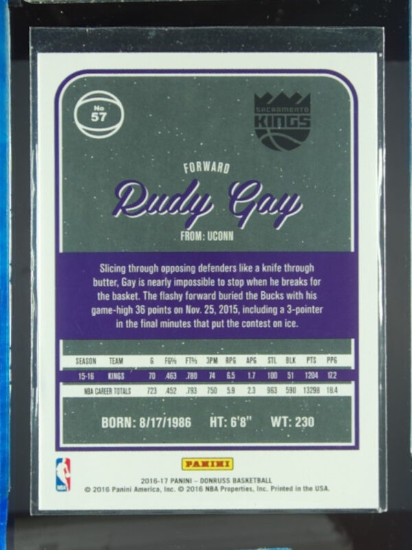 2016-17 Donruss Rudy Gay Press Proof Purple SN199 #57 Kings - Image 3