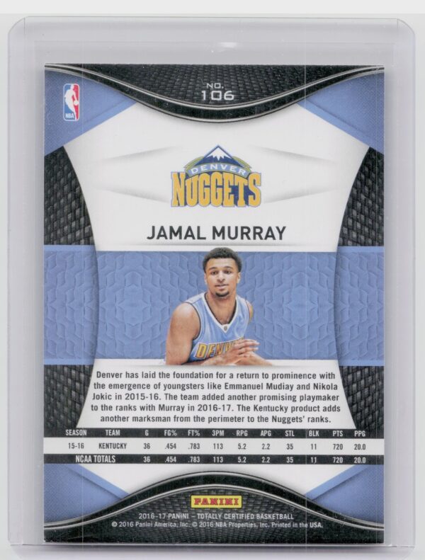 2016-17 Panini Totally Certified Jamal Murray RC #106 Nuggets - Image 3