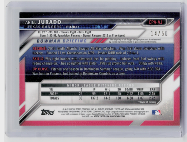 2016 Bowman Ariel Jurado AU SN50 #CPA-AJ Rangers Chrome Prospect Autographs Gold - Image 3