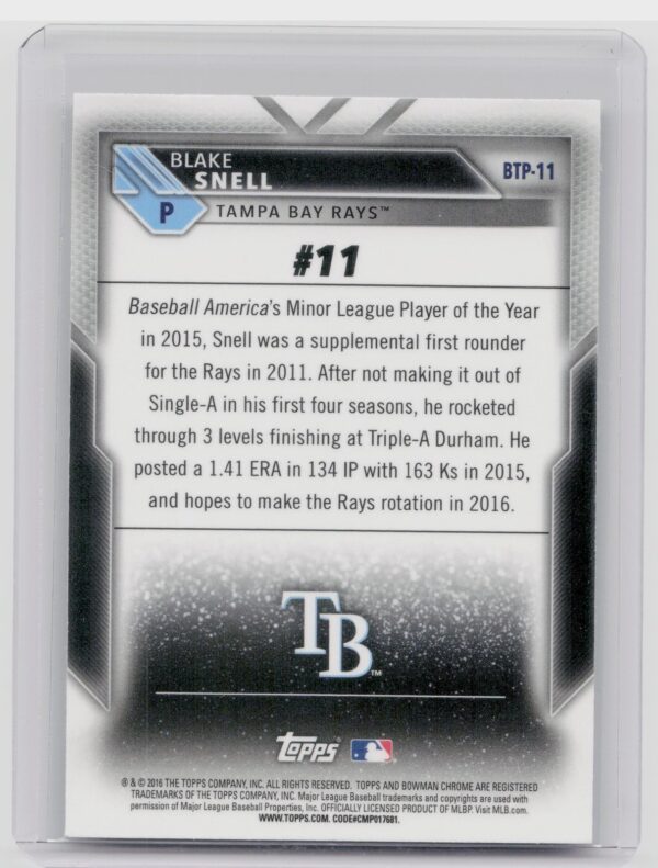 2016 Bowman Blake Snell #BTP-11 Rays Bowman Scouts' Top 100 - Image 3