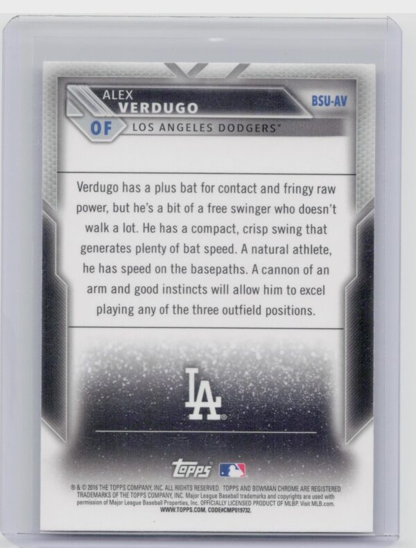 2016 Bowman Chrome Alex Verdugo #BSU-AV Dodgers Scouts' Top 100 Updates - Image 3