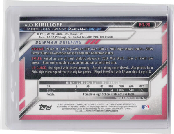 2016 Bowman Draft Alex Kirilloff #BD-90 Twins - Image 3