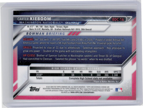 2016 Bowman Draft Carter Kieboom Chrome #BDC-16 Nationals - Image 3