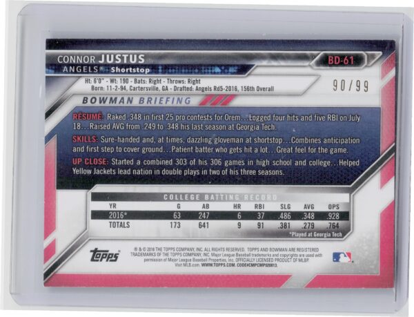 2016 Bowman Draft Connor Justus Green Border SN99 #BD-61 Angels - Image 3