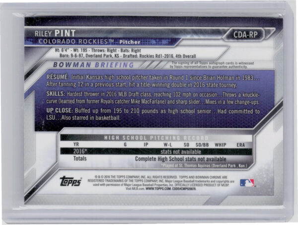 2016 Bowman Draft Riley Pint AU #CDA-RP Rockies Chrome Draft Pick Autographs - Image 3