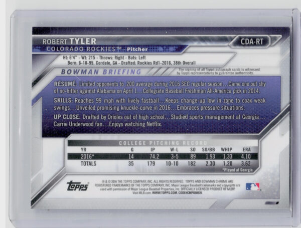 2016 Bowman Draft Robert Tyler AU #CDA-RT Rockies Chrome Draft Pick Autographs - Image 3