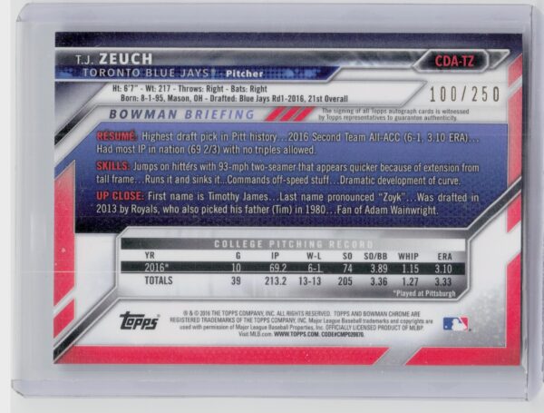 2016 Bowman Draft T.J. Zeuch AU SN250 #CDA-TZ Jays Chrome Draft Pick Autographs - Image 3