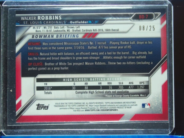 2016 Bowman Draft Walker Robbins Orange Border SN25 #BD-7 Cardinals - Image 3