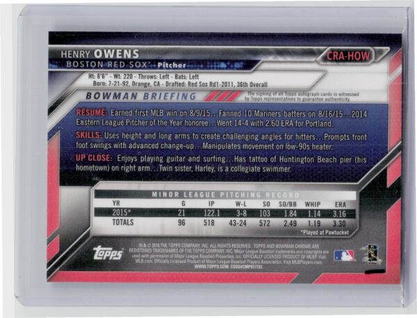 2016 Bowman Henry Owens AU #CRA-HOW Sox Chrome Rookie Autographs - Image 3