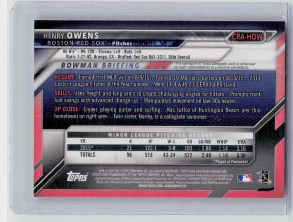 2016 Bowman Henry Owens AU #CRA-HOW Sox Chrome Rookie Autographs - Image 3