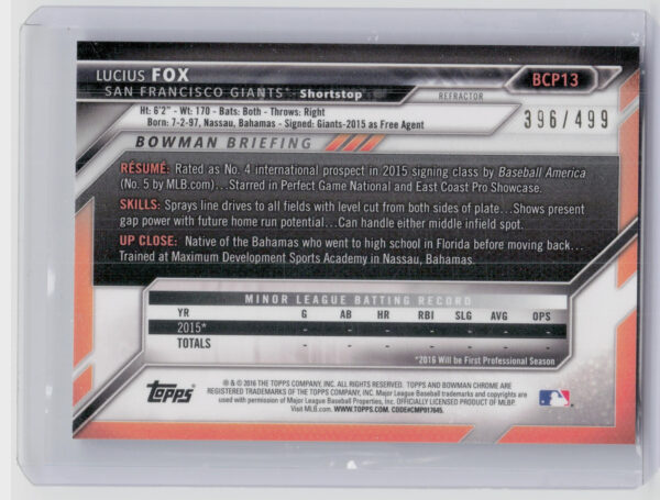 2016 Bowman Lucius Fox SN499 #BCP13 Giants Chrome Prospects Refractor - Image 3