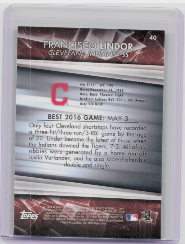 2016 Bowman's Best Francisco Lindor #40 Indians - Image 3