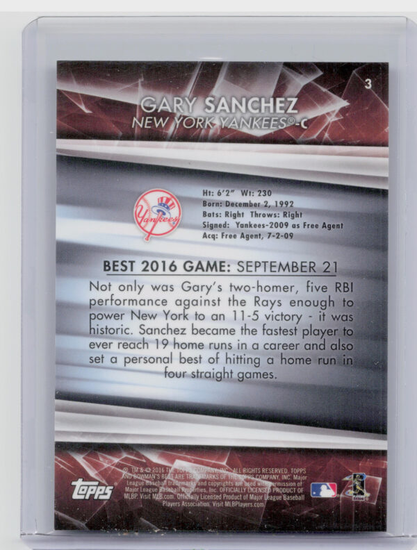 2016 Bowman's Best Gary Sanchez Blue Refractor SN250 #3 Yankees - Image 3