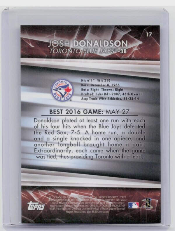 2016 Bowman's Best Josh Donaldson Orange Refractor /35 #17 Jays - Image 3