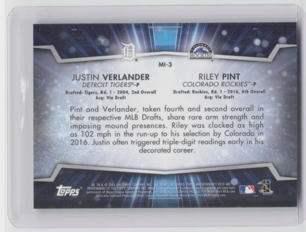 2016 Bowman's Best Riley Pint  / Justin Verlander #MI-3 Tigers Mirror Image - Image 3