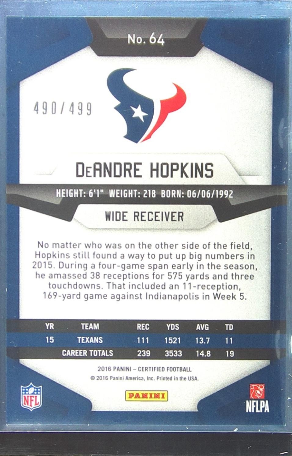 2016 Certified DeAndre Hopkins Mirror /499 #64 Texans - Image 3