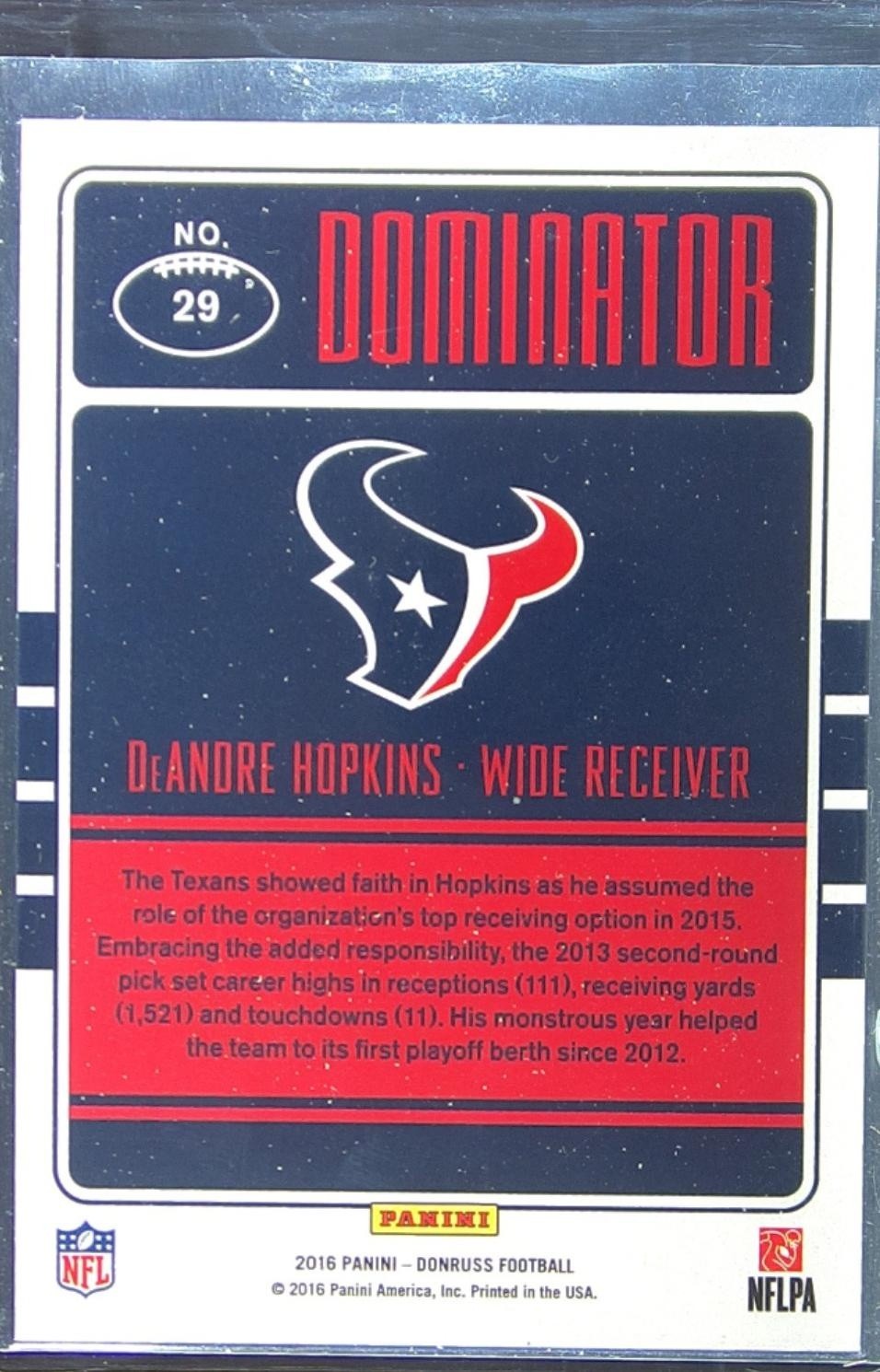2016 Donruss DeAndre Hopkins /999 #29 Texans Dominator - Image 3