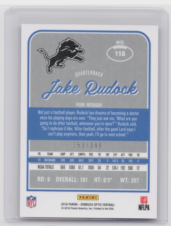 2016 Donruss Optic Jake Rudock Orange SN199 #118 Lions - Image 3