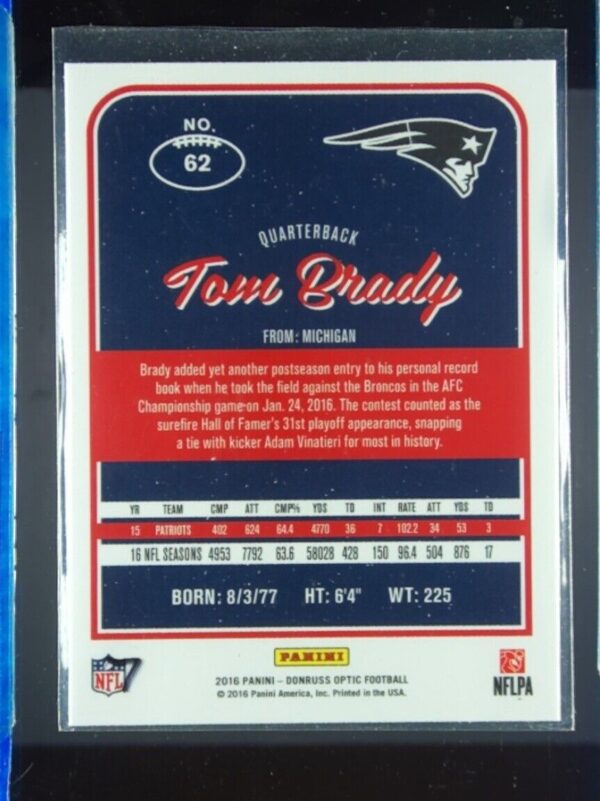 2016 Donruss Optic Tom Brady #62 Patriots - Image 3