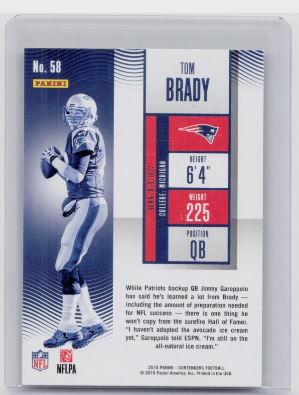 2016 Panini Contenders Tom Brady #58 Patriots - Image 3