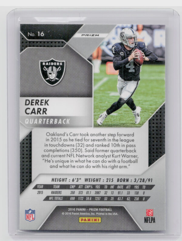 2016 Panini Prizm Derek Carr Prizm #16 Raiders - Image 3