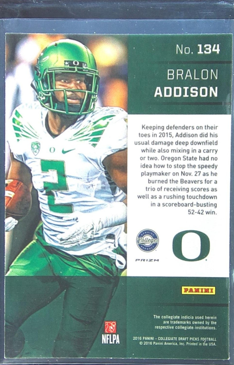 2016 Prizm Collegiate Draft Picks Bralon Addison Prizms Blue RC #134 Ducks - Image 3