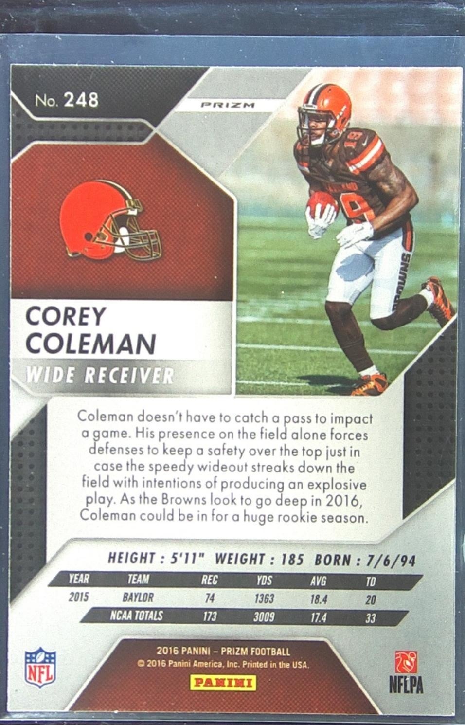 2016 Prizm Corey Coleman Prizm RC #248 Browns - Image 3