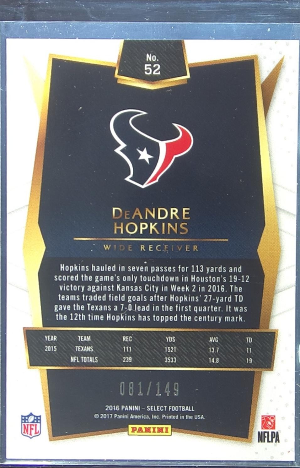 2016 Select DeAndre Hopkins Blue Prizm /149 #52 Texans - Image 3